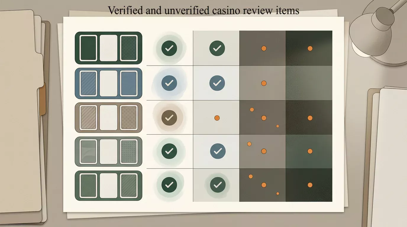 Abstract evidence matrix with verified and unverified casino review items