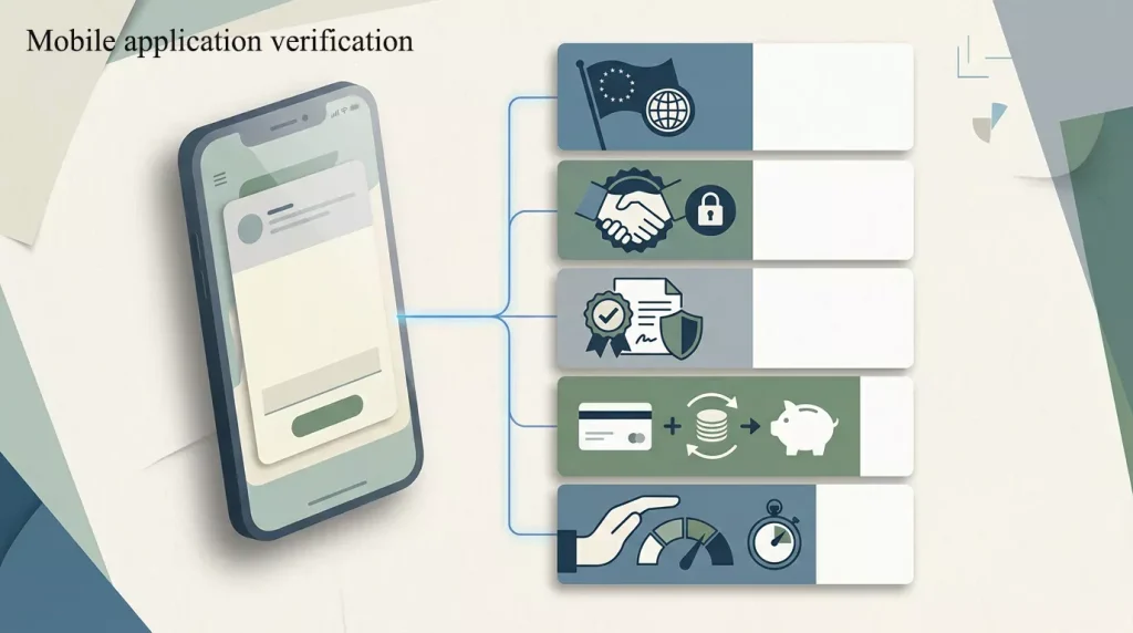 A neutral mobile app verification checklist with store country official operator licence and payment support cards