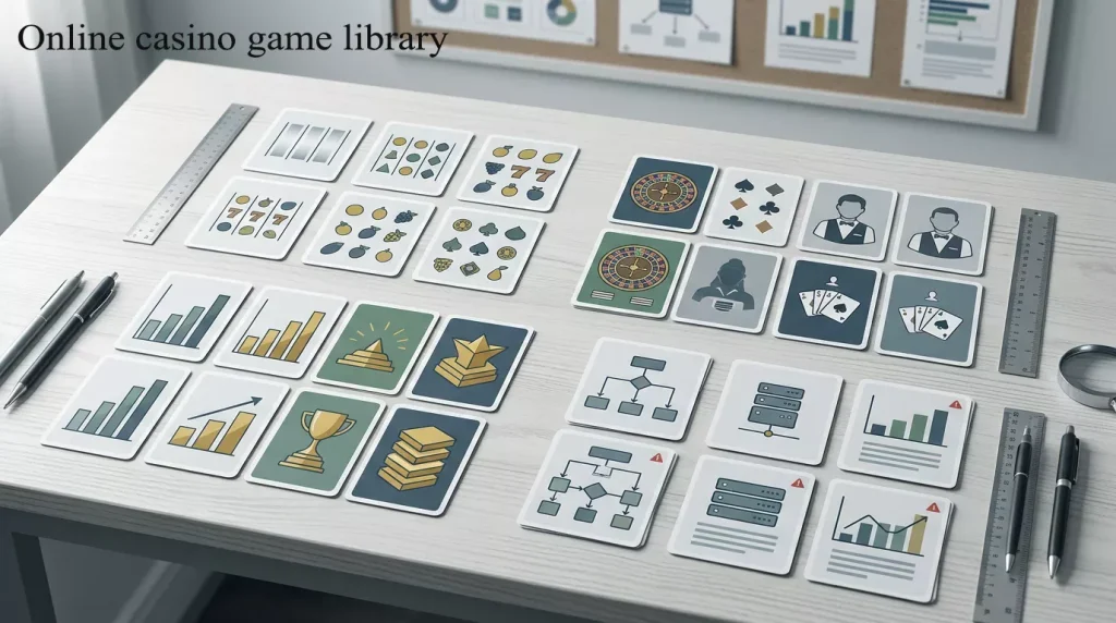 A neutral game library taxonomy board with slots live tables jackpots and provider evidence cards