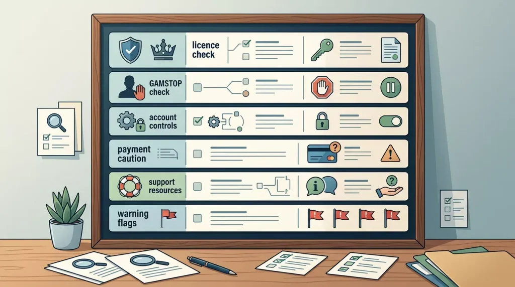 A neutral safety checklist with licence, GAMSTOP, account controls, support and warning flag rows
