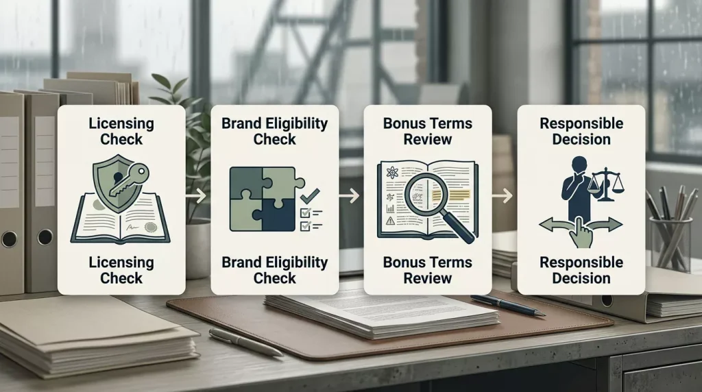A bonus rules flowchart with checks for UK licensing brand eligibility and clear terms