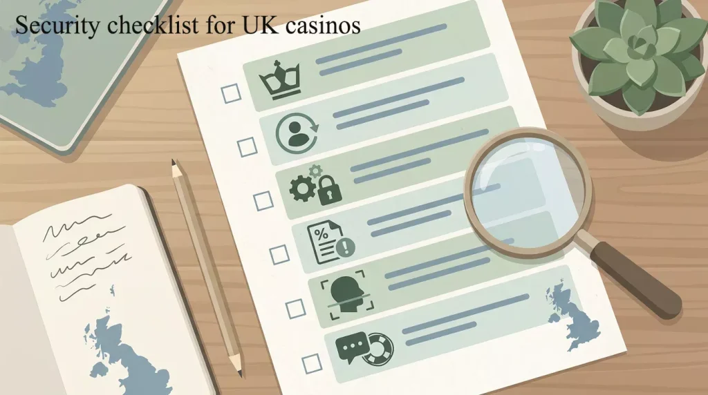 A neutral UK casino safety checklist with licence, payments, bonus terms, verification and support rows